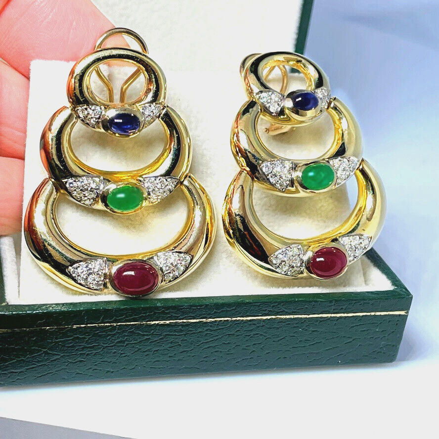 Large Solid 14K Diamond Emerald Ruby Sapphire Ear… - image 1