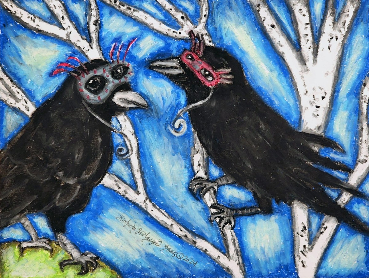 CROW Masquerade Original 9x12 Oil Pastel Painting Artist KSams