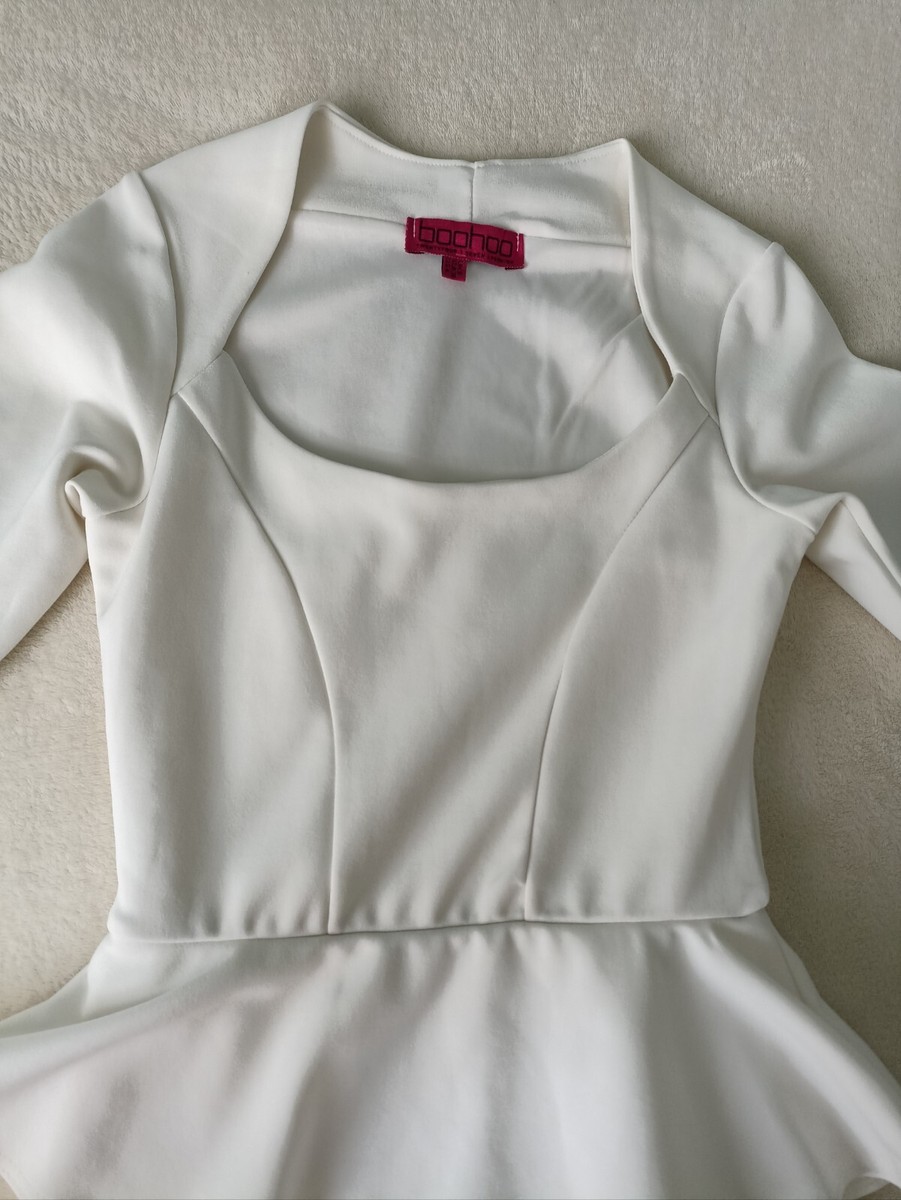 boohoo white peplum dress Boohoo White Ivory Peplum Dress Bodycon Size S/ EU 36/ US 4/ UK 8