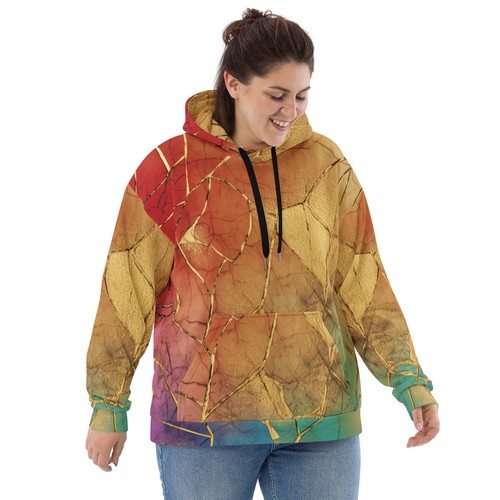 Rainbow Unisex Hoodie 2XS-6XL Gold Crackle Kintsugi Inspired Hooded Pullover - Picture 12 of 33