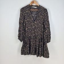 Zara womens dress size S mini shift brown geometric long sleeve Vneck 057499