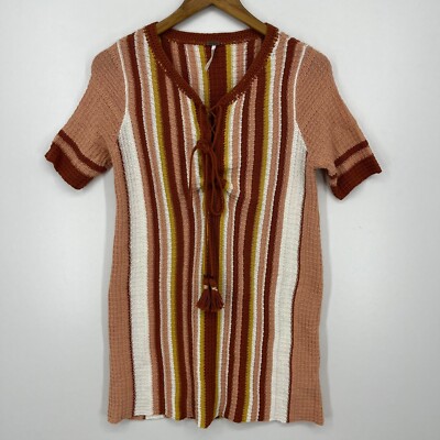 Free People Knit Tunic Dress Women's S Multicolor Lollipop Striped Tie Tassel