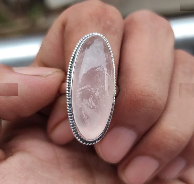 Anillo de piedra de cuarzo rosa hecho a mano de plata de ley 925 para ropa de fiesta anillo todas las tallas R323 Foto 3 de 4