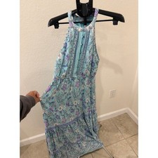 Baltic Born Blue Floral Halter Maxi Dress Size M Boho Cottagecore Tiered Lace