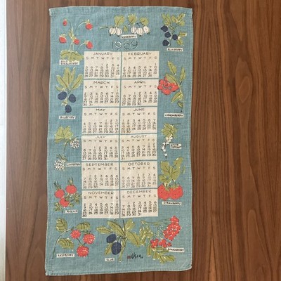 Vtg Vera Neumann Linen Calendar Tea Towel 1969 Blue with Wild Berries Lady Bug