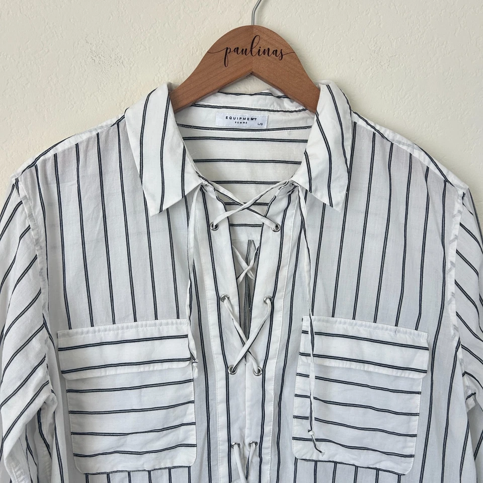 Equipment Femme Top Womens Large White Striped Cotton Lace Up Blouse L - Image 2 of 4