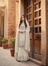 Beautiful White Chinon Silk Kurta Palazzo With Dupatta For Reception Wear