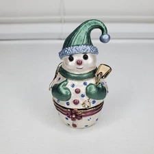 Enamel Crystal Snowman Trinket Box Green Hat Blue Crystals Gold Shovel Christmas