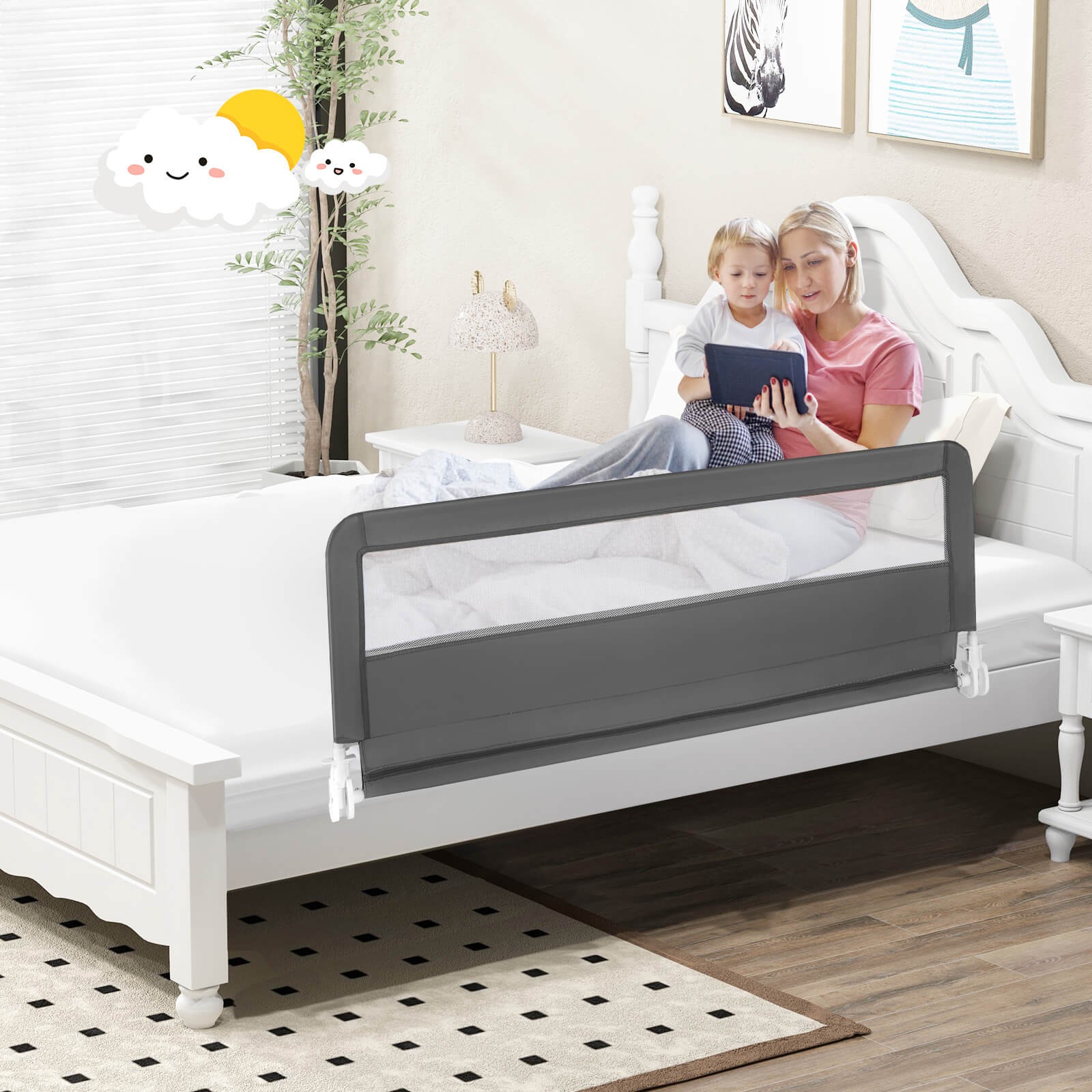 Costway 59" Baby Bed Rail Guard Breathable Material Safety Swing Down Home Gray
