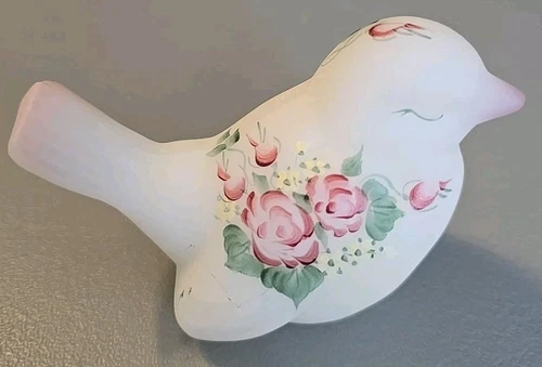 Vtg Fenton Rose Garden Opal Satin Glass Hand Painted Songbird Signed