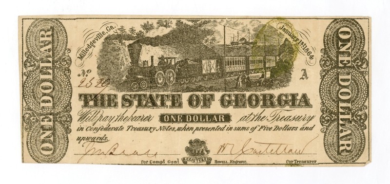 1864 Cr.30 $1 The State of GEORGIA Note - CIVIL WAR Era w/ TRAIN