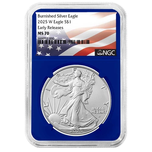 2025-W Burnished $1 American Silver Eagle NGC MS70 ER Flag Label Blue Core