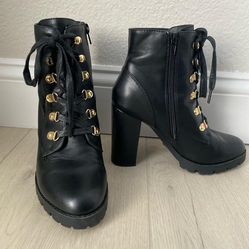 Black Lace Up Lug High Heel Boots from Express - Size 8