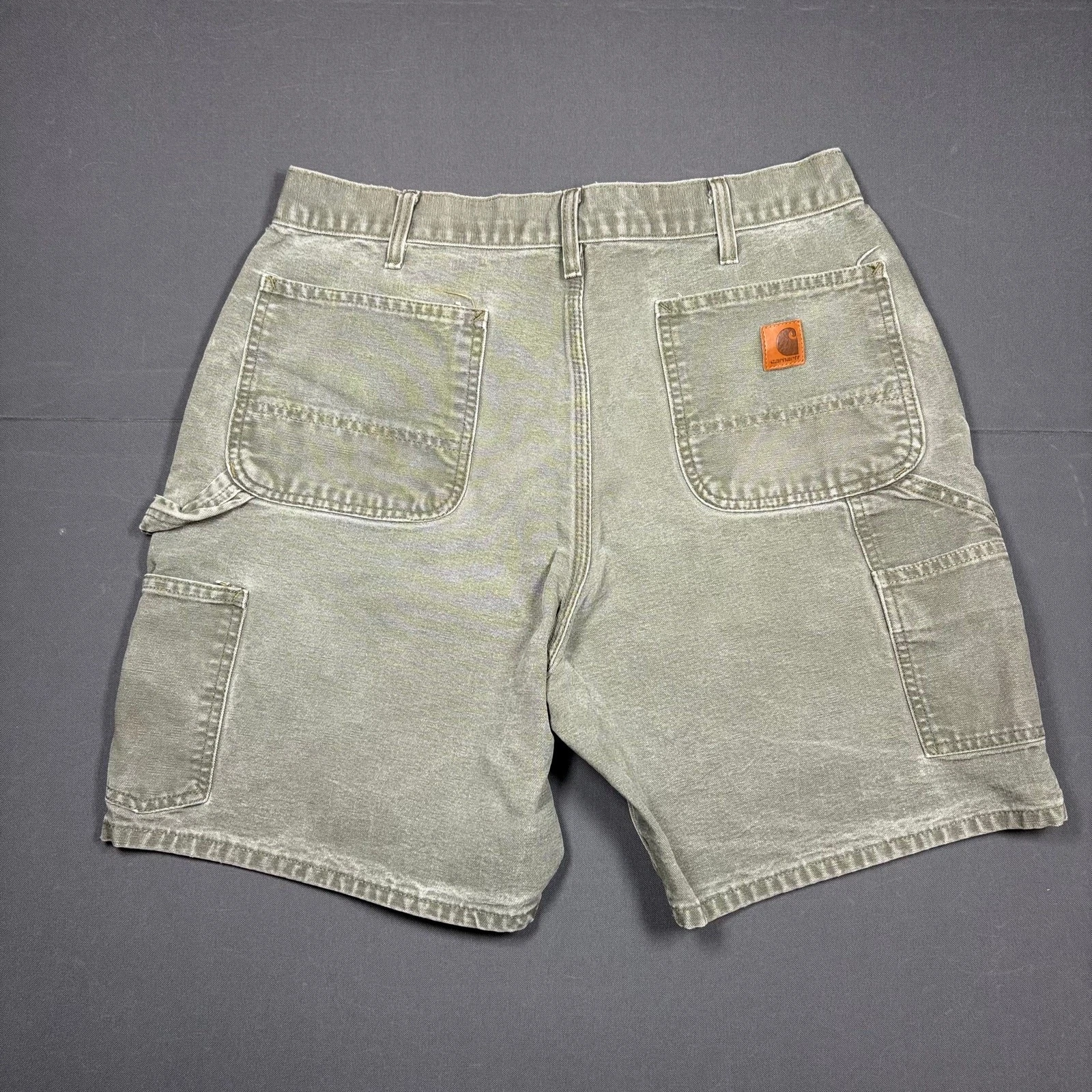 Vintage Carhartt B25 MOS Carpenter Shorts 36 Green Canvas Moss Workwear Distress