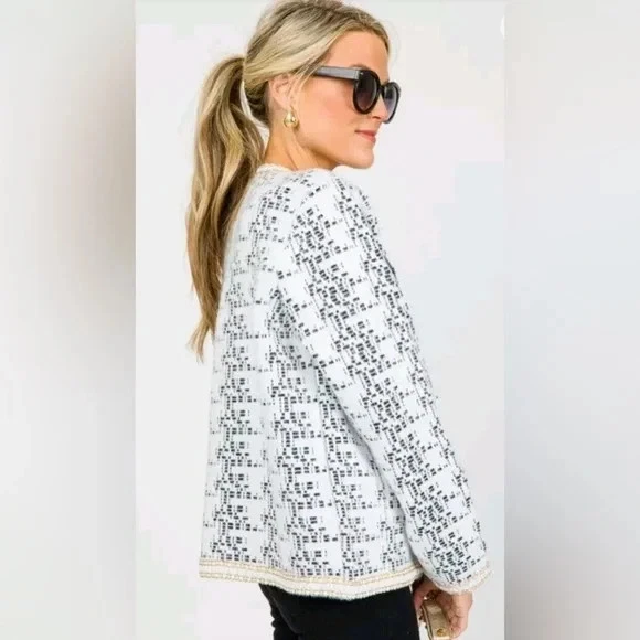 NORTHERN ANGEL COATIGAN MAGLIA APERTA DAVANTI STILE CHANEL BIANCO NERO NUOVO TG L