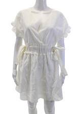 Zara Womens Ruffled Short Sleeves V Neck Belted Dress White Size Large