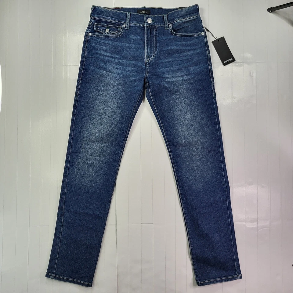 Pantalones de mezclilla True Religion Rocco azules 32x32 para hombre punto verde nuevos con etiquetas solapa ajustados Foto 2 de 4