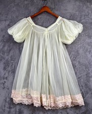 Babydoll Nightgown Robe Large Sheer Chiffon Puff Sleeve Green Lace Trim 60's
