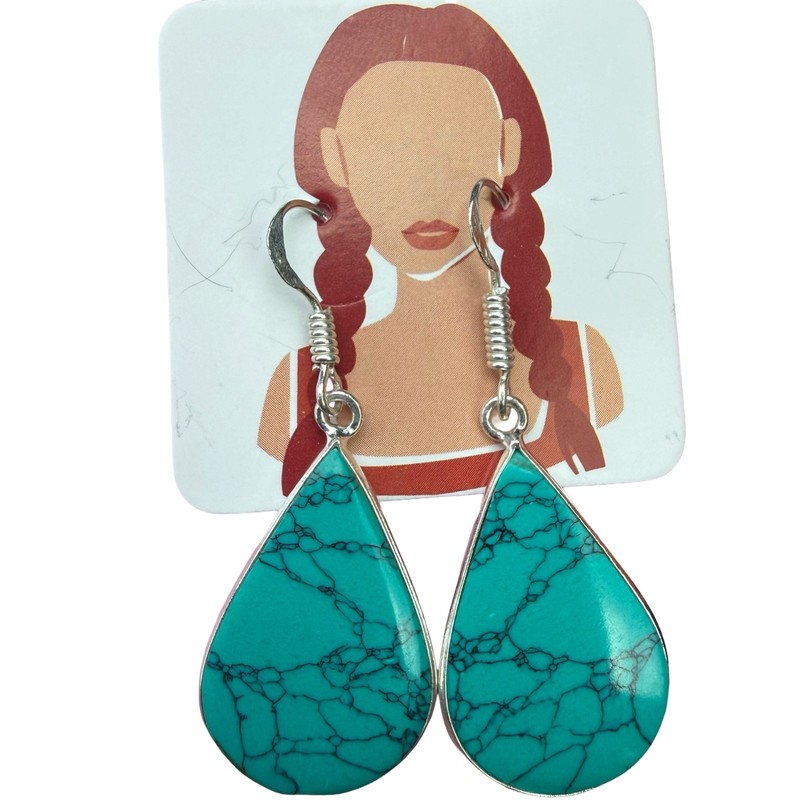 Handmade Natural Turquoise Teardrop Dangle Earrings 1.6” 925 Silver Hooks