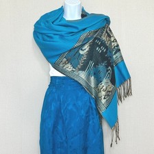 Pashmina Turquoise Blue Gold Metallic Abstract Jacquard Scarf Shawl Wrap Fringe
