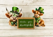 HL St Patrick Decor - Highland Cow Chunky Wood Sitter Shamrock 3pc Set