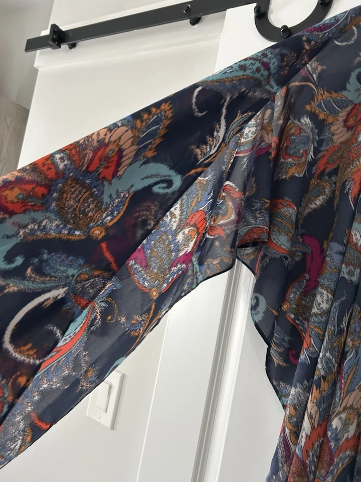 IMAN Global Chic Azul Marino Floral Gasa Multi-Uso Abierto Caftán O/S Missy Nuevo con Etiquetas Foto 3 de 4