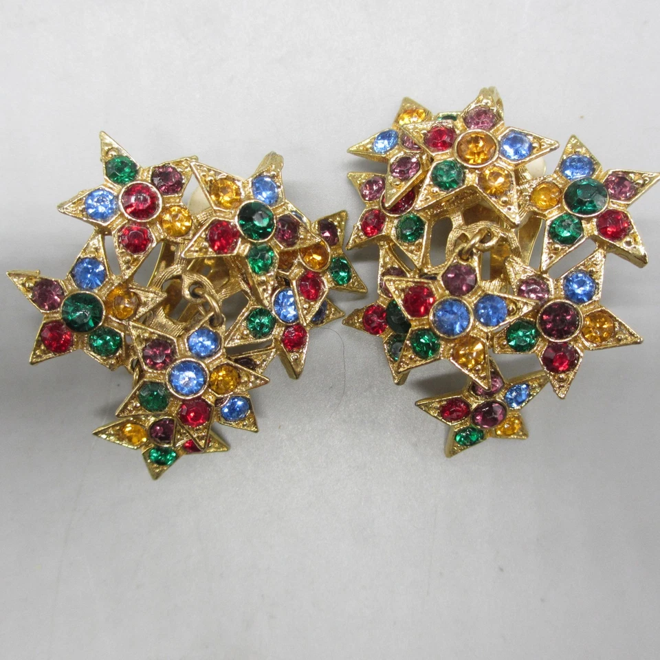 Vintage Rhinestone Earrings Multicolor Star Dangle Statement Clip On - Image 4 of 4