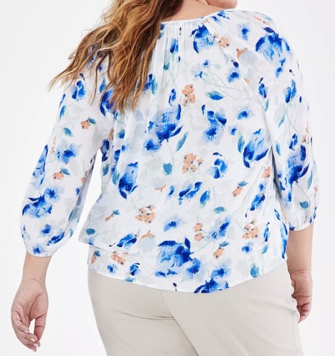 Style & Co Plus Size 2X Floral-Print Blue White Multi 3/4 Sleeves Top NWT - Picture 2 of 3