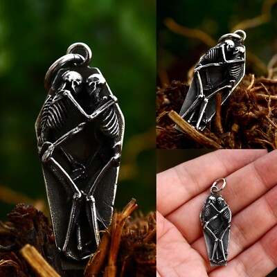 Silver Skeletons Cuddling in a Coffin Pendant Punk Necklace Stainless Steel 24''