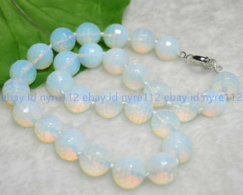18" Natural 8/10/12mm Faceted White Opal Round Gemstone Beads knotted Necklace - Picture 3 of 15