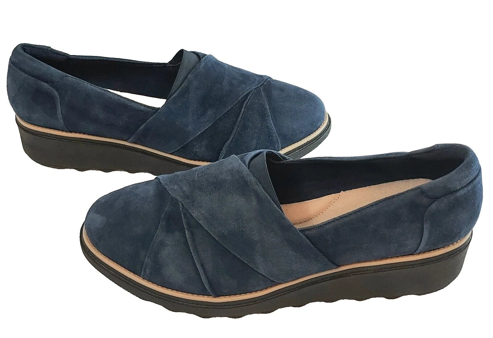 Mocassino donna Clarks Sharon Dolly slip on taglia 11 zeppa blu ecopelle scamosciata