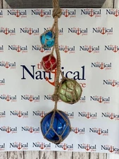 4 Glass Fishing Floats On Rope - Fish Net Buoy Ball - Nautical Beach Decor - Red