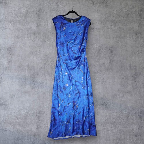 ZARA Dress Large Blue Satin Ruched Midi Length Shoulder Pads Sleeveless XL - Picture 3 of 20