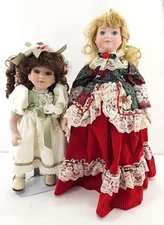 Porcelain dolls 13" & 16" Lot of 2 with stands vintage