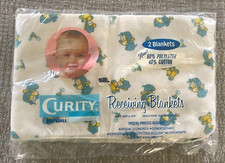 2 Vintage Sealed Curity Baby Receiving Blankets 30 x 40 Blue Yellow NIP NOS