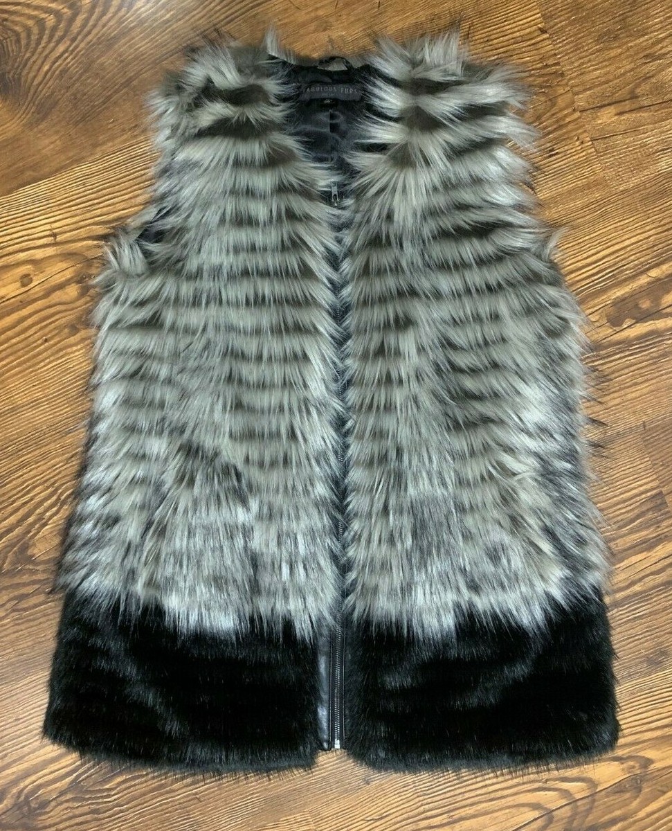Donna Salyers Fabulous Furs Faux Fox Fur Vest Black Grey Size XL