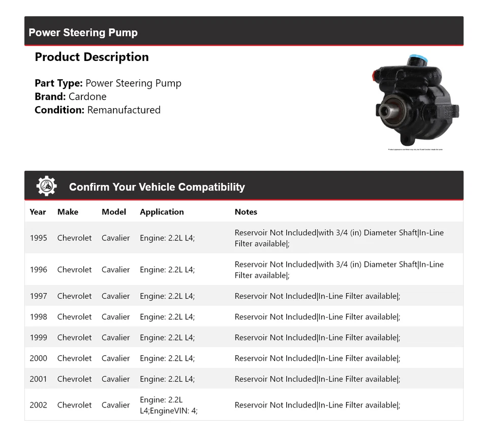 Bomba de dirección asistida Cardone 1996 1997 para Chevrolet Cavalier 1995-2002 2,2 L L4 Foto 2 de 4