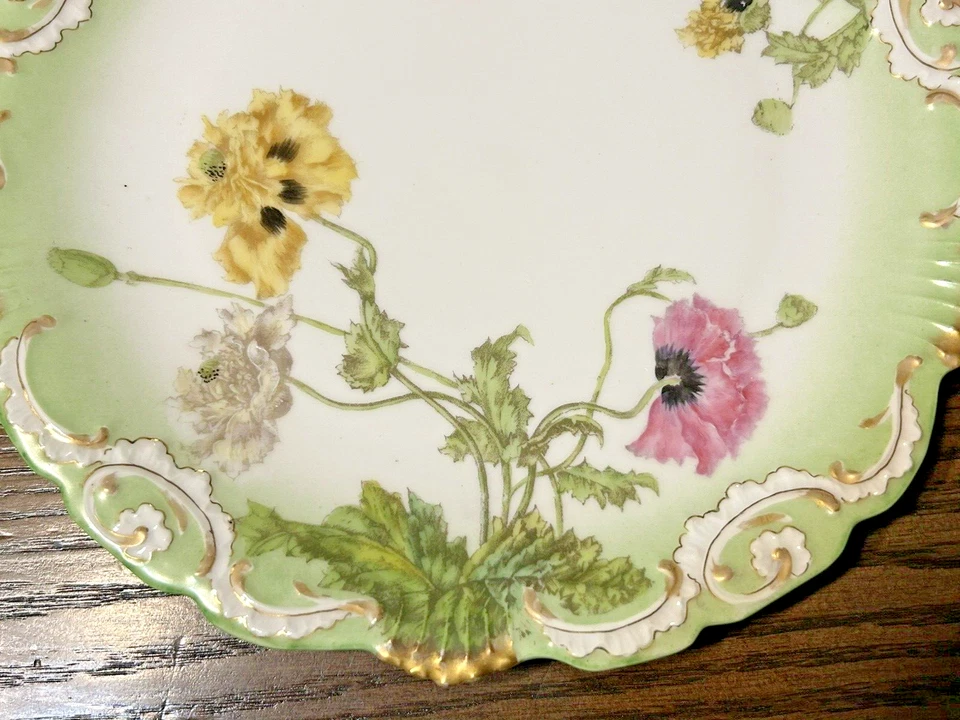 Antique T&V Limoges France Green Gold Floral POPPY POPPIES Cabinet PLATE - Image 2 of 4