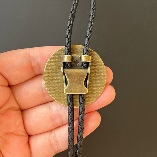 Round Brass Relief Rooster Balo Bolo Tie Black PU Leather Rope Wedding Necklace - Picture 8 of 12