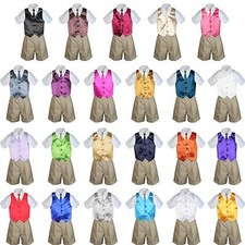 4pc Boys Toddler Formal Baby KHAKI Shorts Color Vest and Clip on Necktie