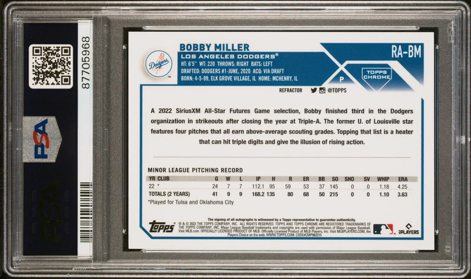 2023 Topps Chrome UPD. #RA-BM Bobby Miller (RC) Refractor Auto /499. PSA 9 MINT - Image 2 of 2