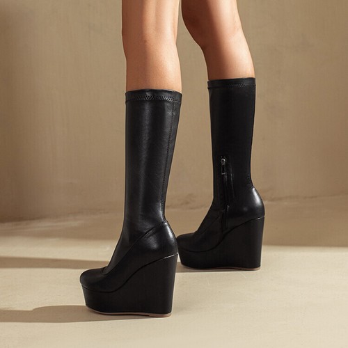 Scarpe donna stivali al ginocchio zip laterale zeppa tacco elasticizzato decolte plateau casual - Foto 5 di 14