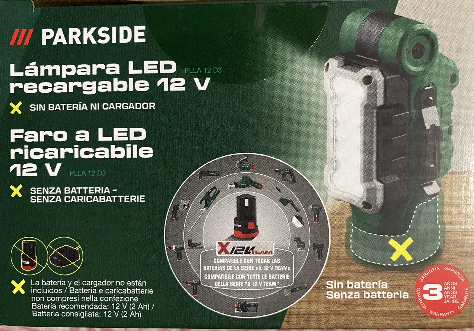 Parkside Lampa Torcia Di Lavoro A LED senza Fili Plla 12 D3 12 V Senza Batterie