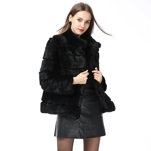 Abrigo de piel de conejo cuello alto chaqueta nuevo invierno mujer moda - Imagen 3 de 10