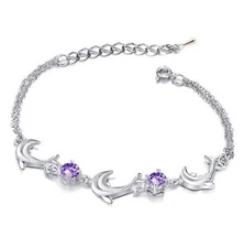 Womens Sterling Silver Bracelet Dolphin Link Purple Amethyst Crystal Gift Box AC