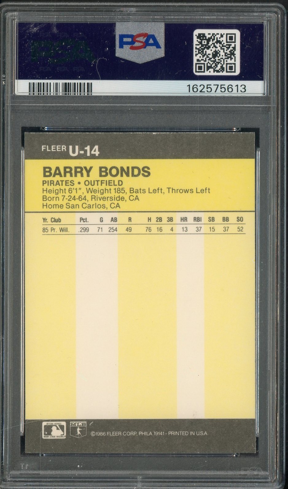 1986 Fleer Update #U14 Barry Bonds Pittsburgh Pirates RC Rookie PSA 8 NM-MT view 2
