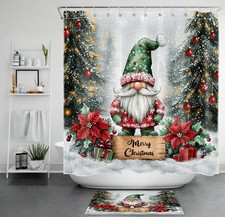 Winter Poinsettia Green Christmas Gnome Shower Curtain Bathroom Accessories Set