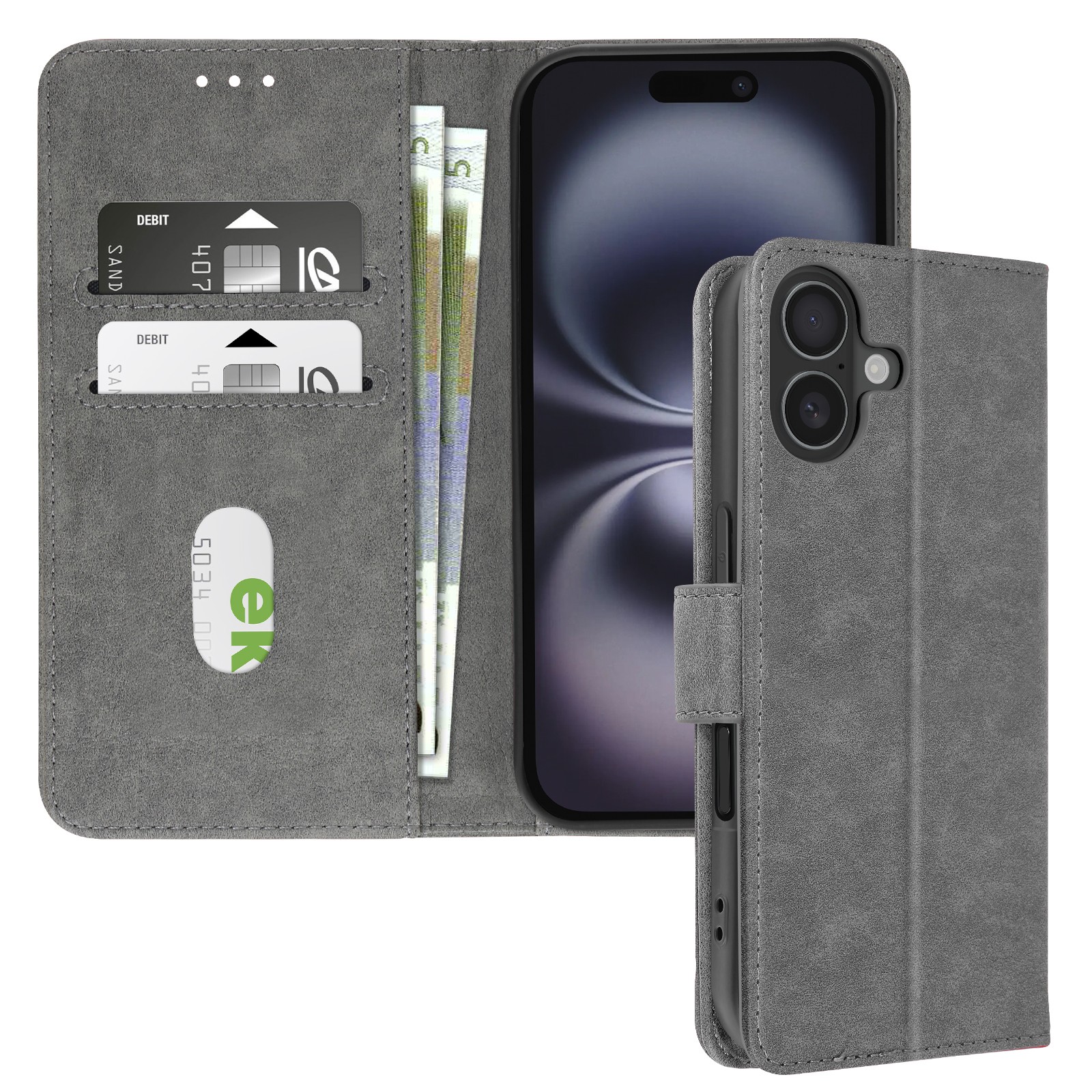 Protection à clapet Avizar pour iPhone 16 en éco-cuir gris haut de gamme