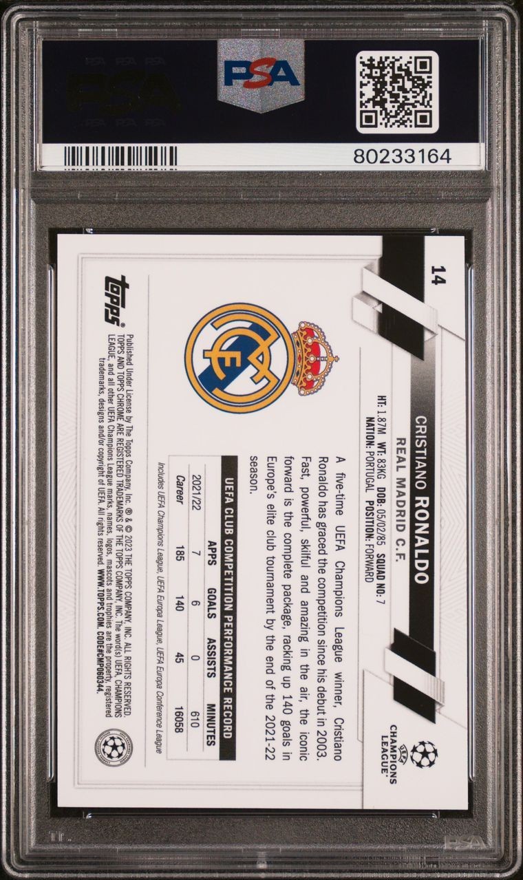 2022-23 Topps Chrome Sapphire CRISTIANO RONALDO Image Variation #14b PSA 10 view 2