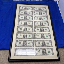 Uncut Sheet Of 16 Federal Reserve Note One Dollar Bills 1985 998xxxxx Framed VTG
